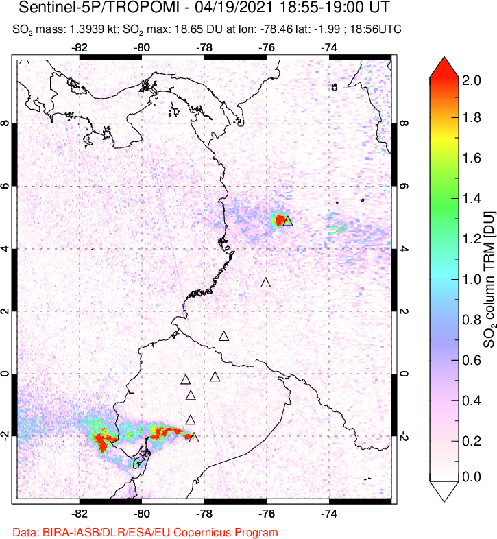 A sulfur dioxide image over Ecuador on Apr 19, 2021.