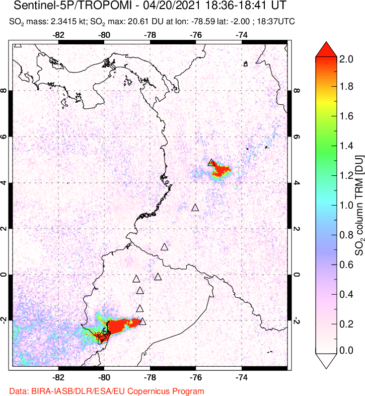 A sulfur dioxide image over Ecuador on Apr 20, 2021.