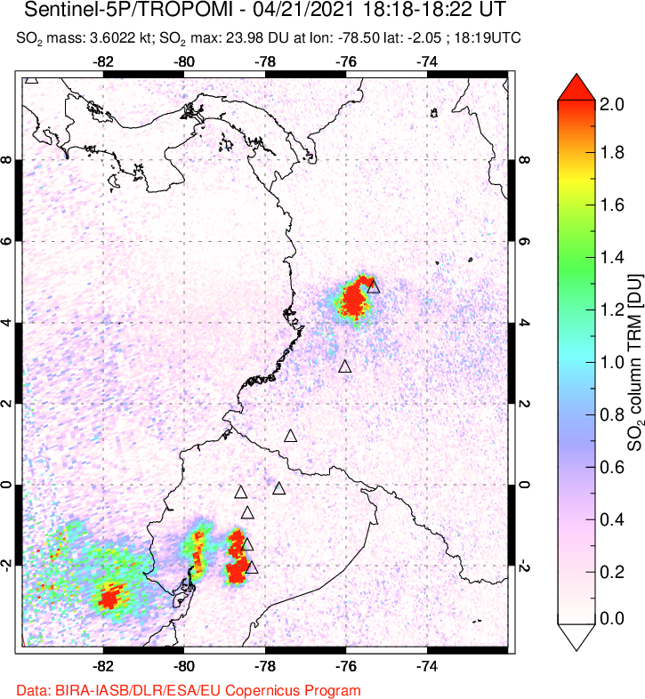 A sulfur dioxide image over Ecuador on Apr 21, 2021.