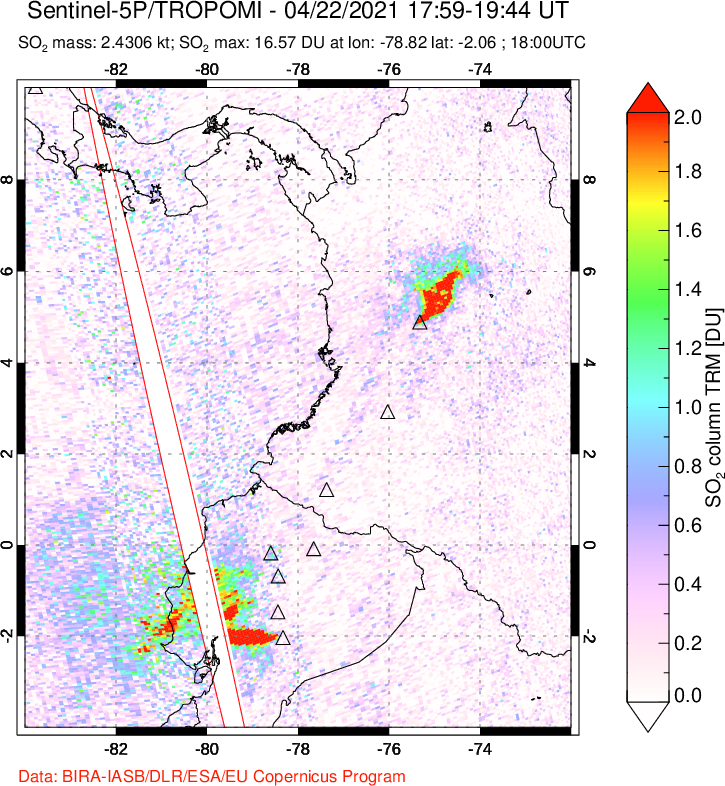 A sulfur dioxide image over Ecuador on Apr 22, 2021.