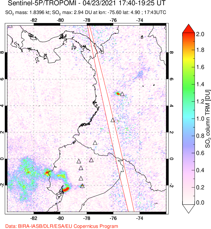A sulfur dioxide image over Ecuador on Apr 23, 2021.