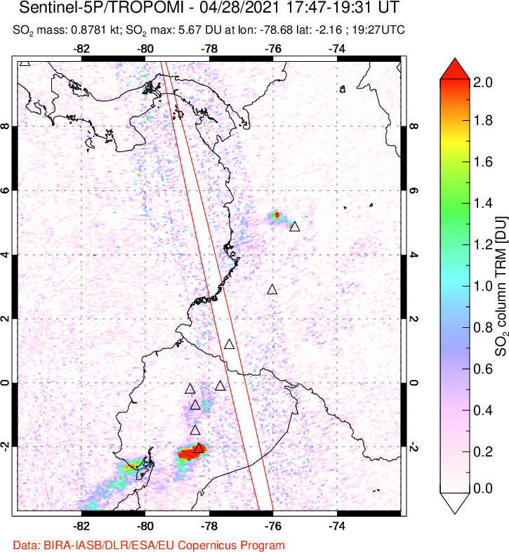A sulfur dioxide image over Ecuador on Apr 28, 2021.