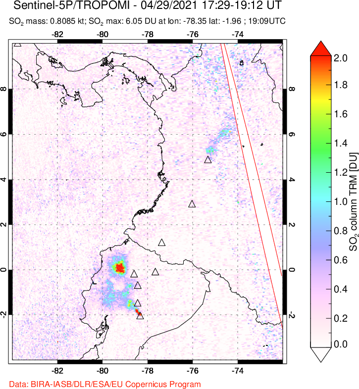 A sulfur dioxide image over Ecuador on Apr 29, 2021.