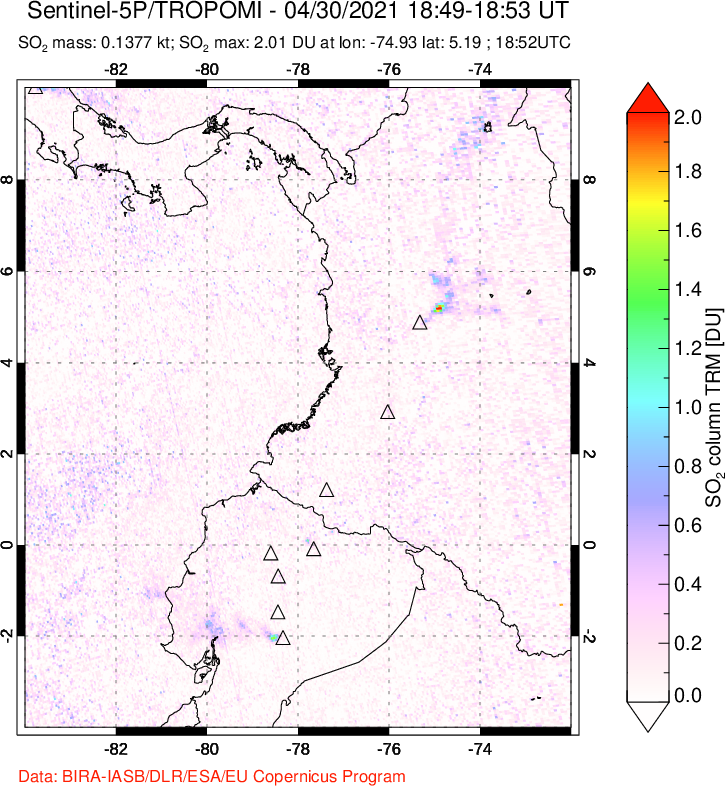 A sulfur dioxide image over Ecuador on Apr 30, 2021.