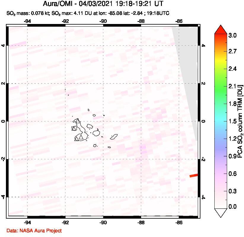 A sulfur dioxide image over Galápagos Islands on Apr 03, 2021.