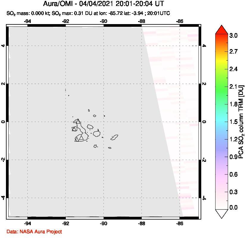 A sulfur dioxide image over Galápagos Islands on Apr 04, 2021.