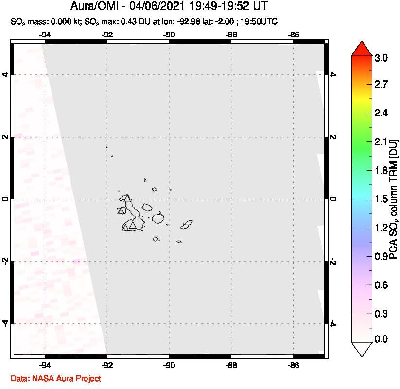 A sulfur dioxide image over Galápagos Islands on Apr 06, 2021.