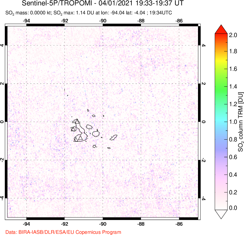 A sulfur dioxide image over Galápagos Islands on Apr 01, 2021.