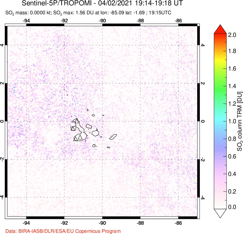 A sulfur dioxide image over Galápagos Islands on Apr 02, 2021.