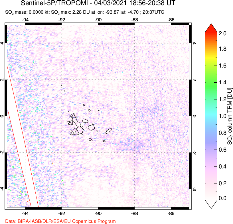 A sulfur dioxide image over Galápagos Islands on Apr 03, 2021.