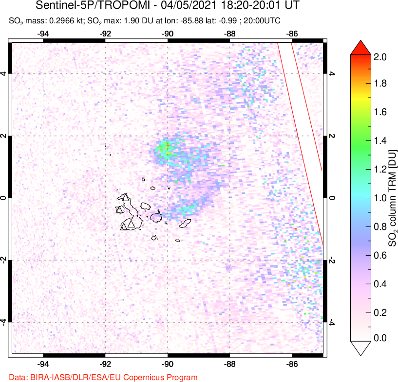 A sulfur dioxide image over Galápagos Islands on Apr 05, 2021.