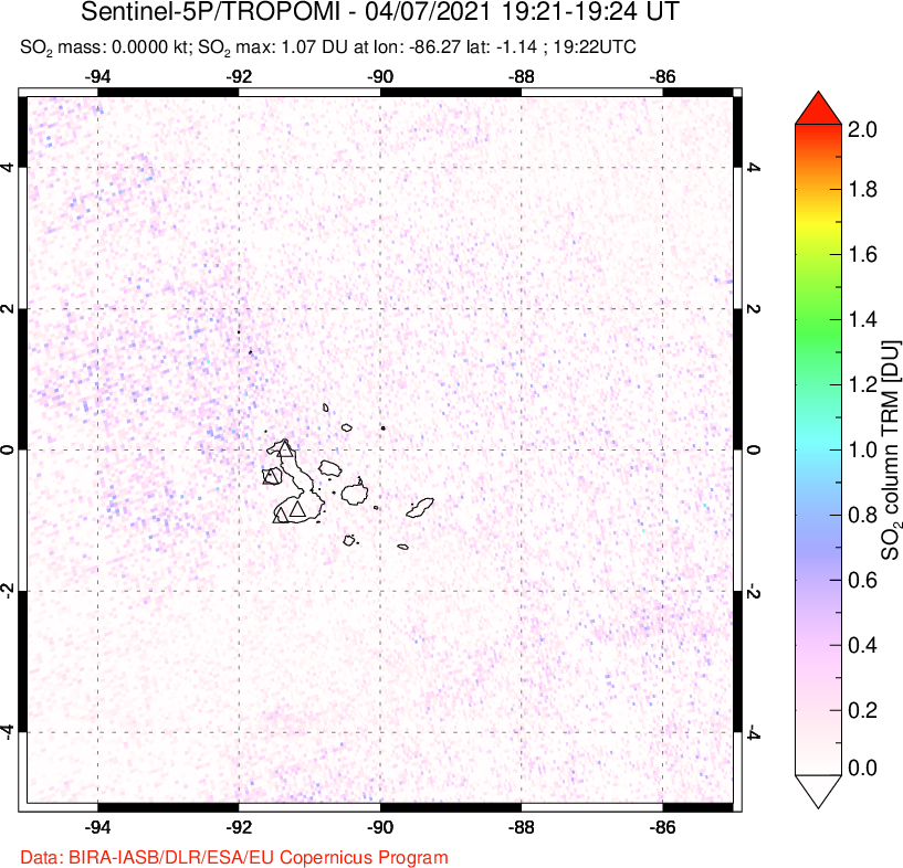 A sulfur dioxide image over Galápagos Islands on Apr 07, 2021.