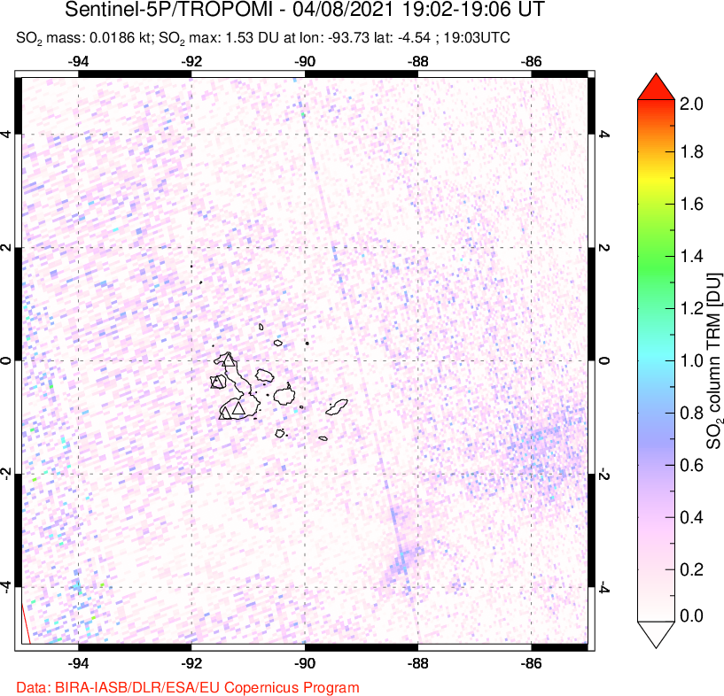 A sulfur dioxide image over Galápagos Islands on Apr 08, 2021.