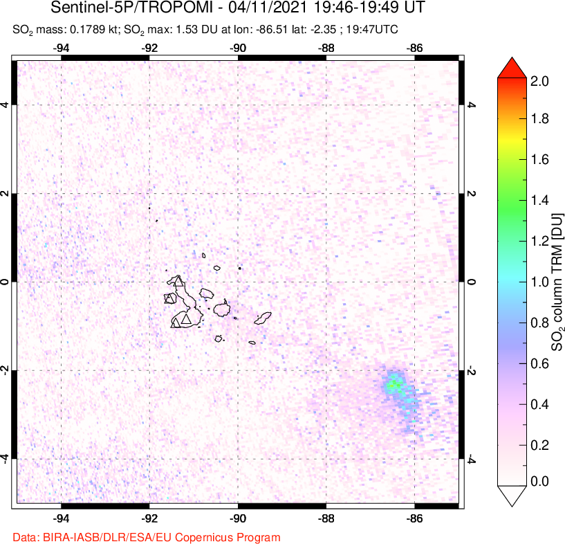 A sulfur dioxide image over Galápagos Islands on Apr 11, 2021.