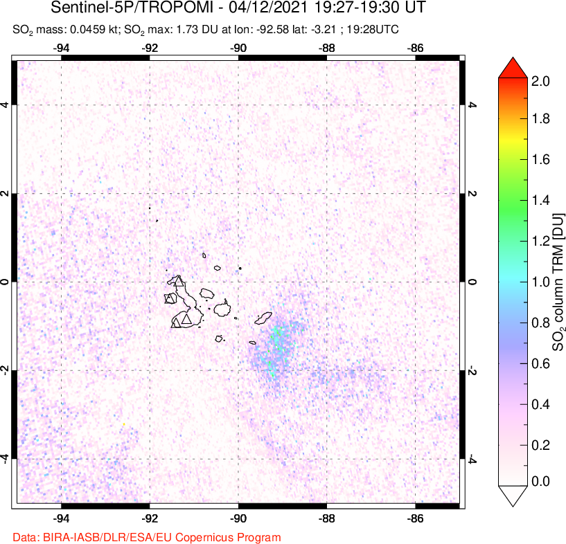 A sulfur dioxide image over Galápagos Islands on Apr 12, 2021.