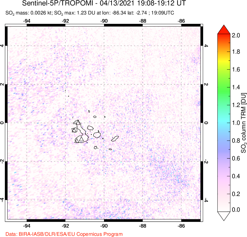 A sulfur dioxide image over Galápagos Islands on Apr 13, 2021.