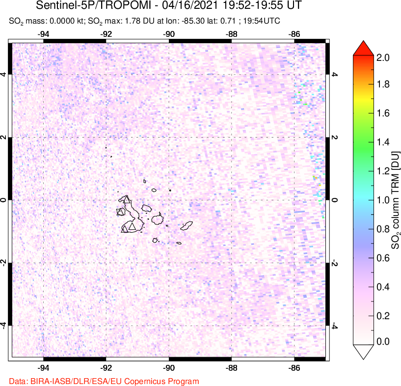 A sulfur dioxide image over Galápagos Islands on Apr 16, 2021.