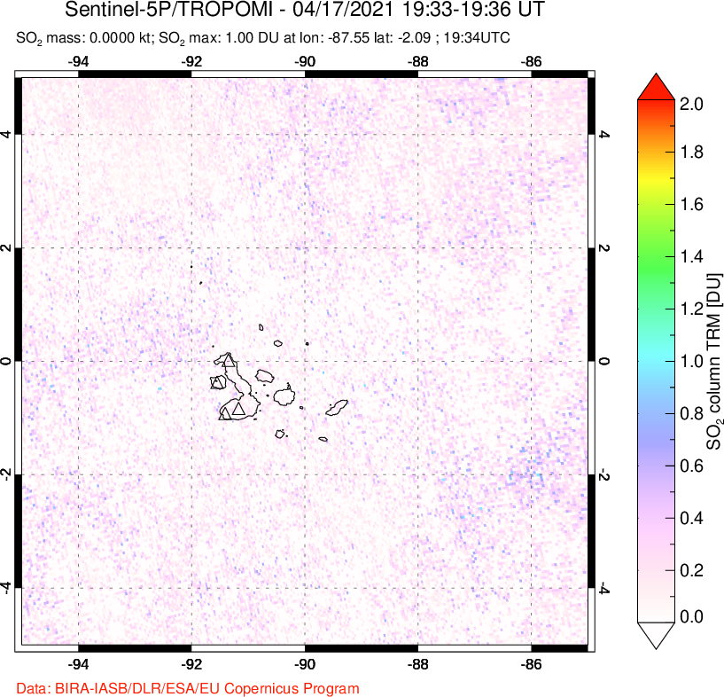 A sulfur dioxide image over Galápagos Islands on Apr 17, 2021.