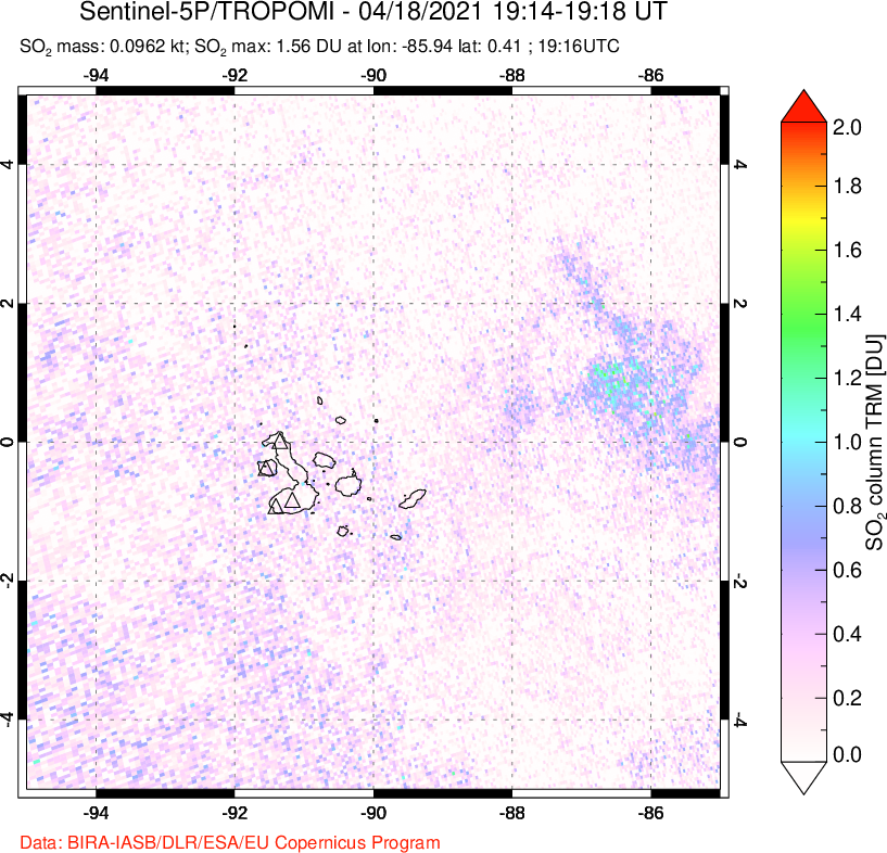 A sulfur dioxide image over Galápagos Islands on Apr 18, 2021.