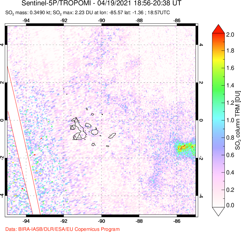 A sulfur dioxide image over Galápagos Islands on Apr 19, 2021.