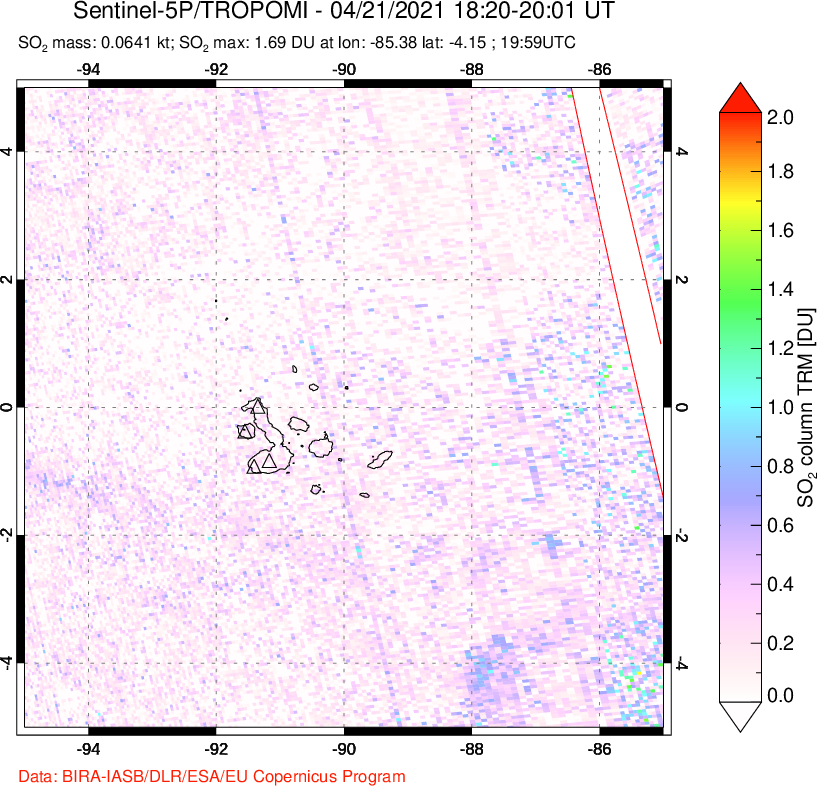 A sulfur dioxide image over Galápagos Islands on Apr 21, 2021.