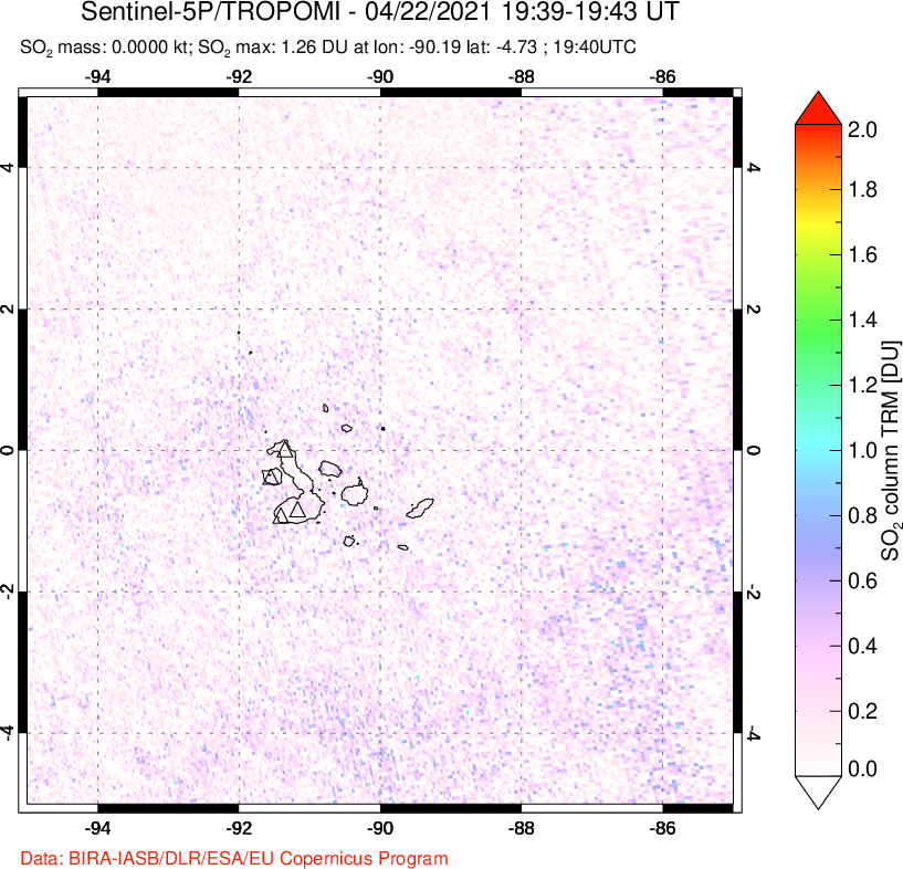 A sulfur dioxide image over Galápagos Islands on Apr 22, 2021.