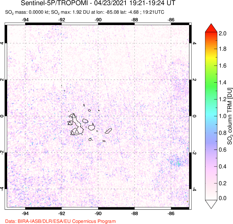 A sulfur dioxide image over Galápagos Islands on Apr 23, 2021.