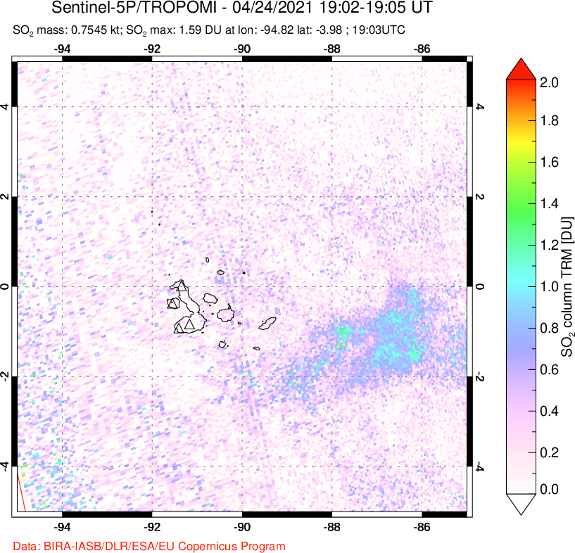 A sulfur dioxide image over Galápagos Islands on Apr 24, 2021.