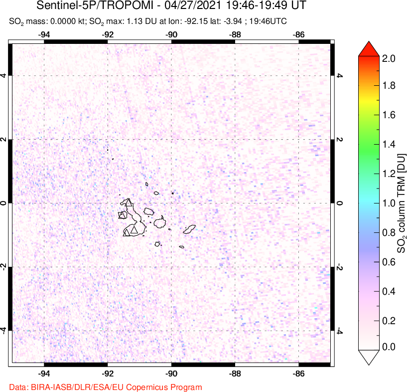 A sulfur dioxide image over Galápagos Islands on Apr 27, 2021.