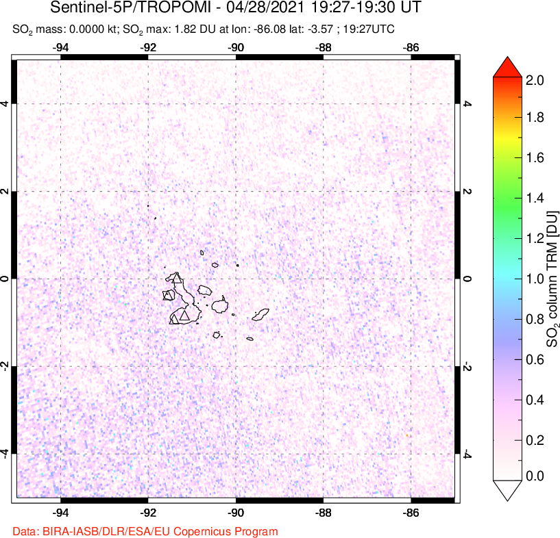 A sulfur dioxide image over Galápagos Islands on Apr 28, 2021.