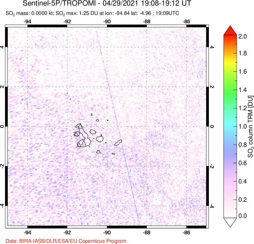 A sulfur dioxide image over Galápagos Islands on Apr 29, 2021.