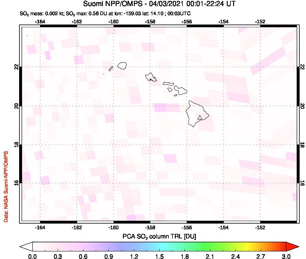 A sulfur dioxide image over Hawaii, USA on Apr 03, 2021.