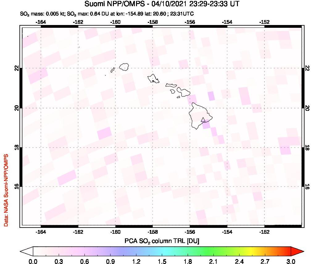 A sulfur dioxide image over Hawaii, USA on Apr 10, 2021.