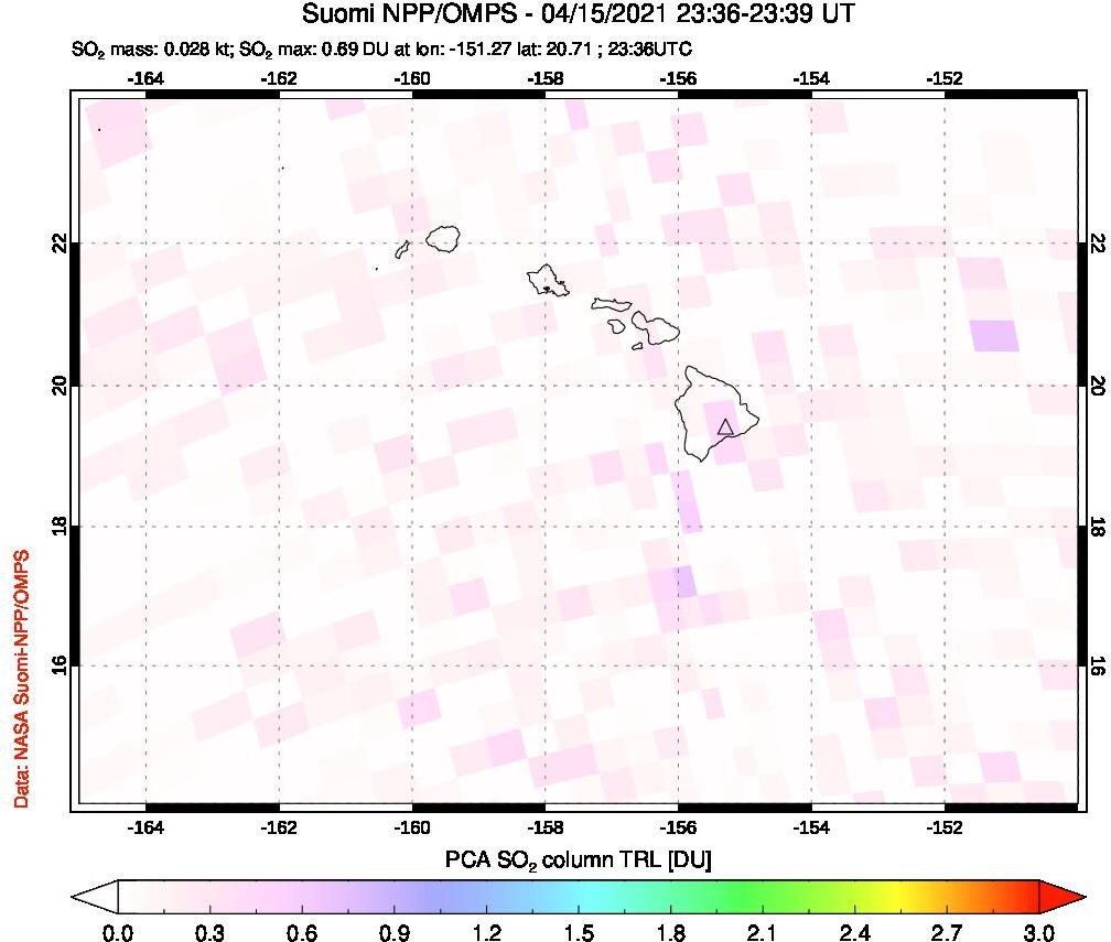 A sulfur dioxide image over Hawaii, USA on Apr 15, 2021.