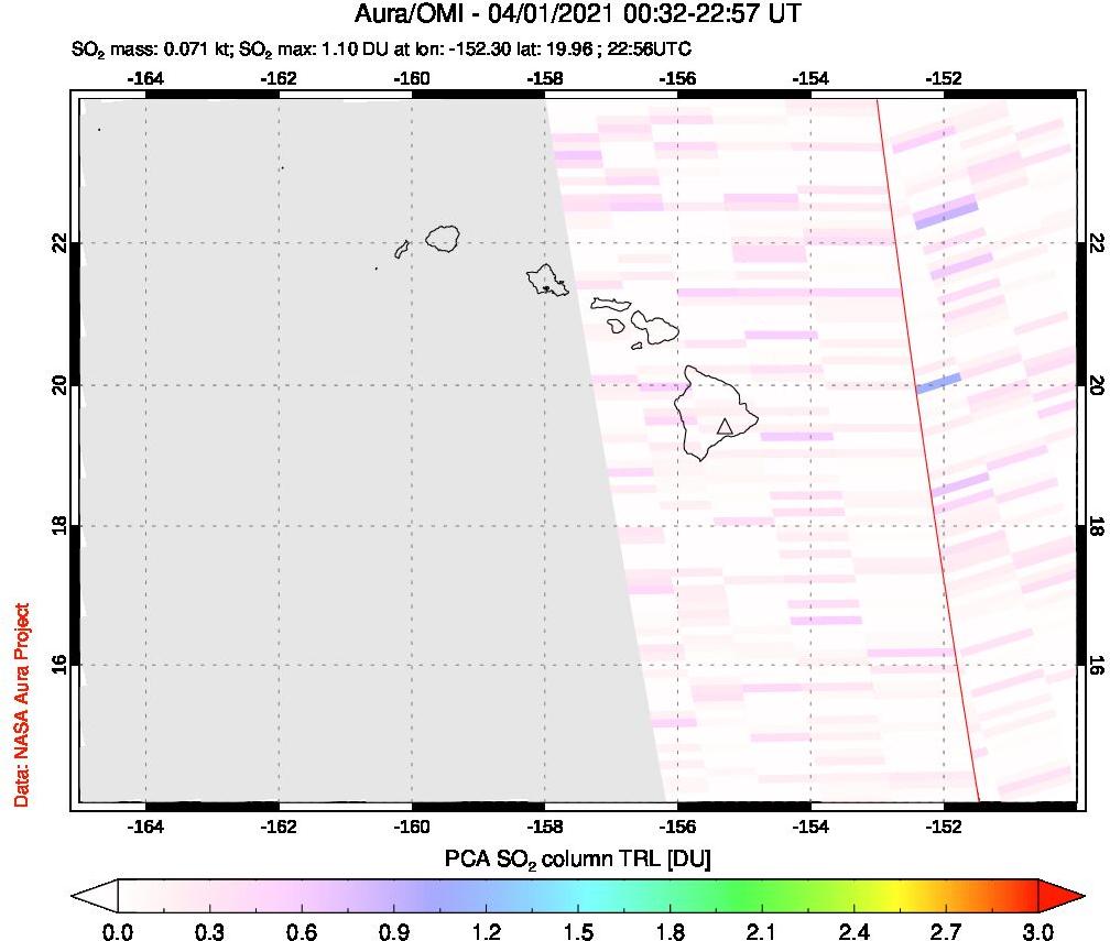 A sulfur dioxide image over Hawaii, USA on Apr 01, 2021.
