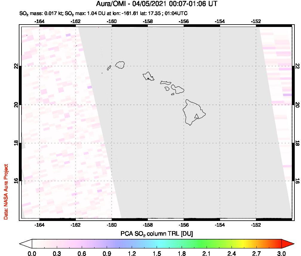 A sulfur dioxide image over Hawaii, USA on Apr 05, 2021.