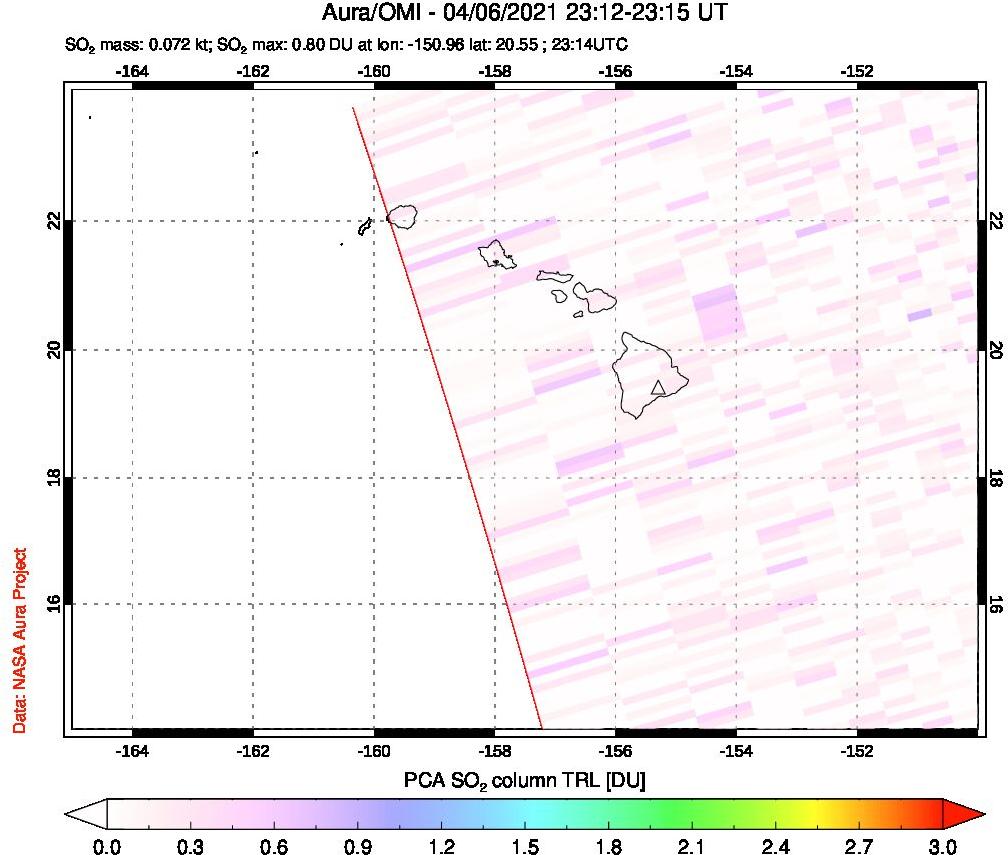 A sulfur dioxide image over Hawaii, USA on Apr 06, 2021.