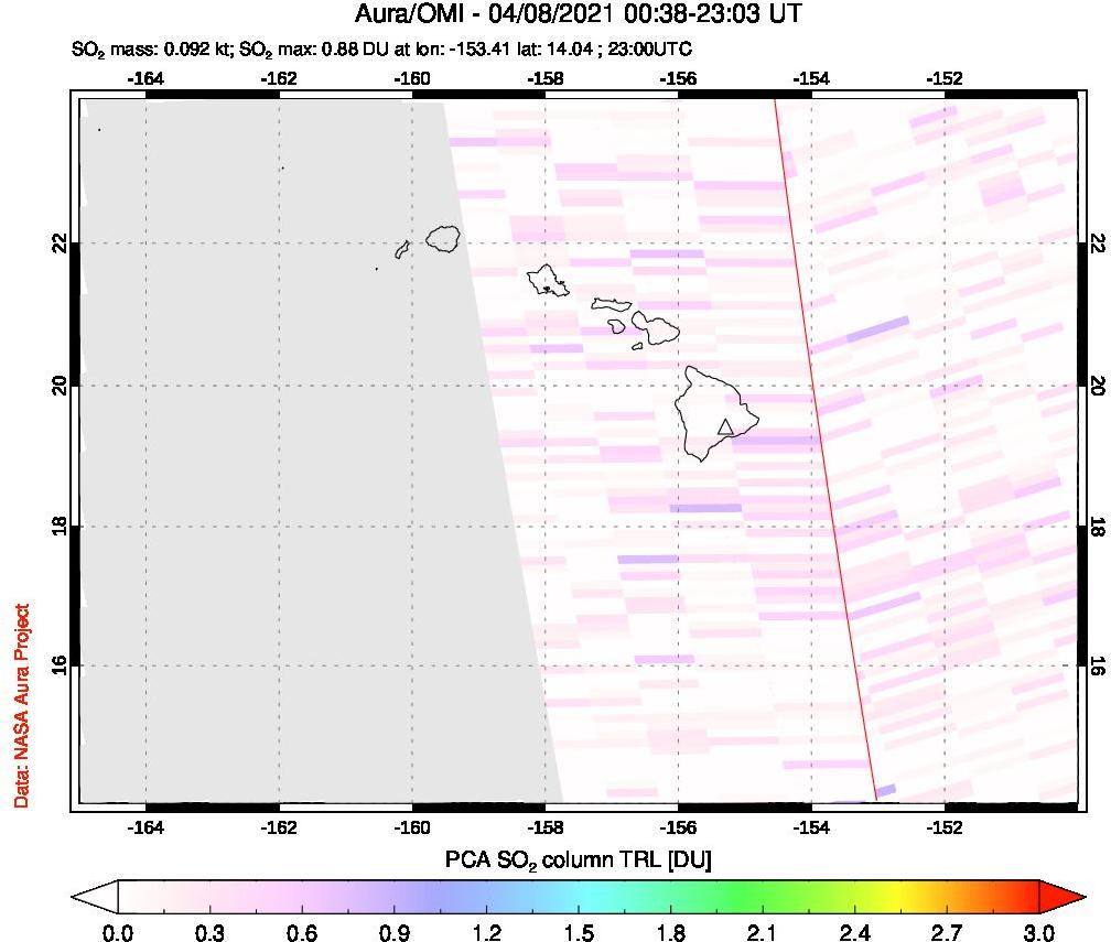 A sulfur dioxide image over Hawaii, USA on Apr 08, 2021.