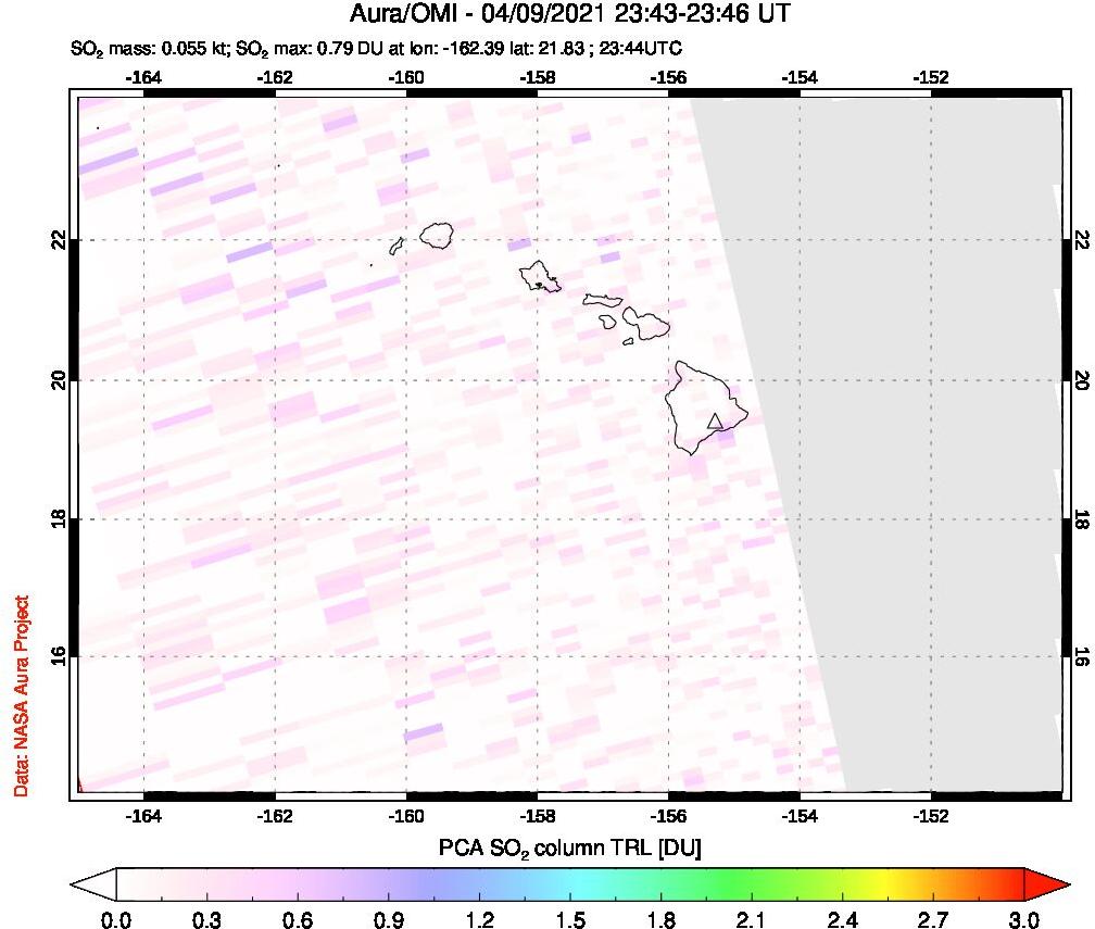 A sulfur dioxide image over Hawaii, USA on Apr 09, 2021.