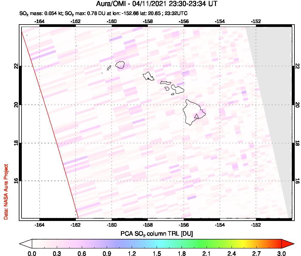 A sulfur dioxide image over Hawaii, USA on Apr 11, 2021.