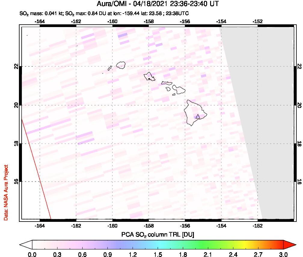 A sulfur dioxide image over Hawaii, USA on Apr 18, 2021.