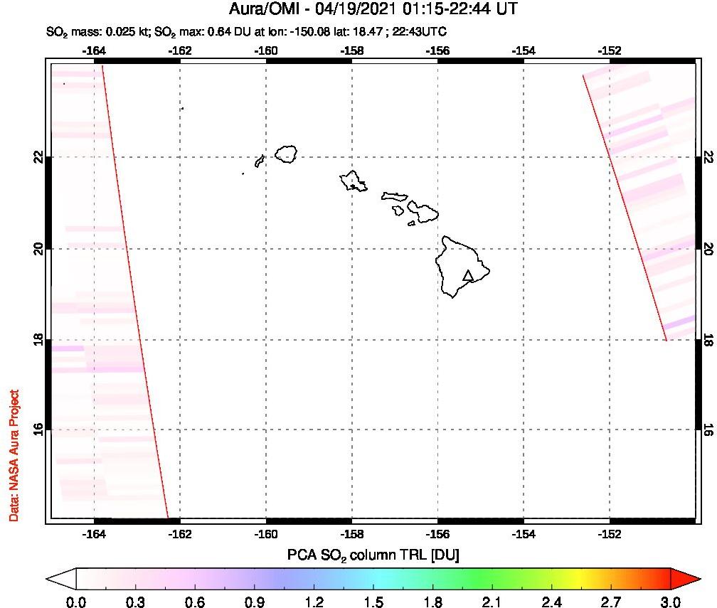 A sulfur dioxide image over Hawaii, USA on Apr 19, 2021.