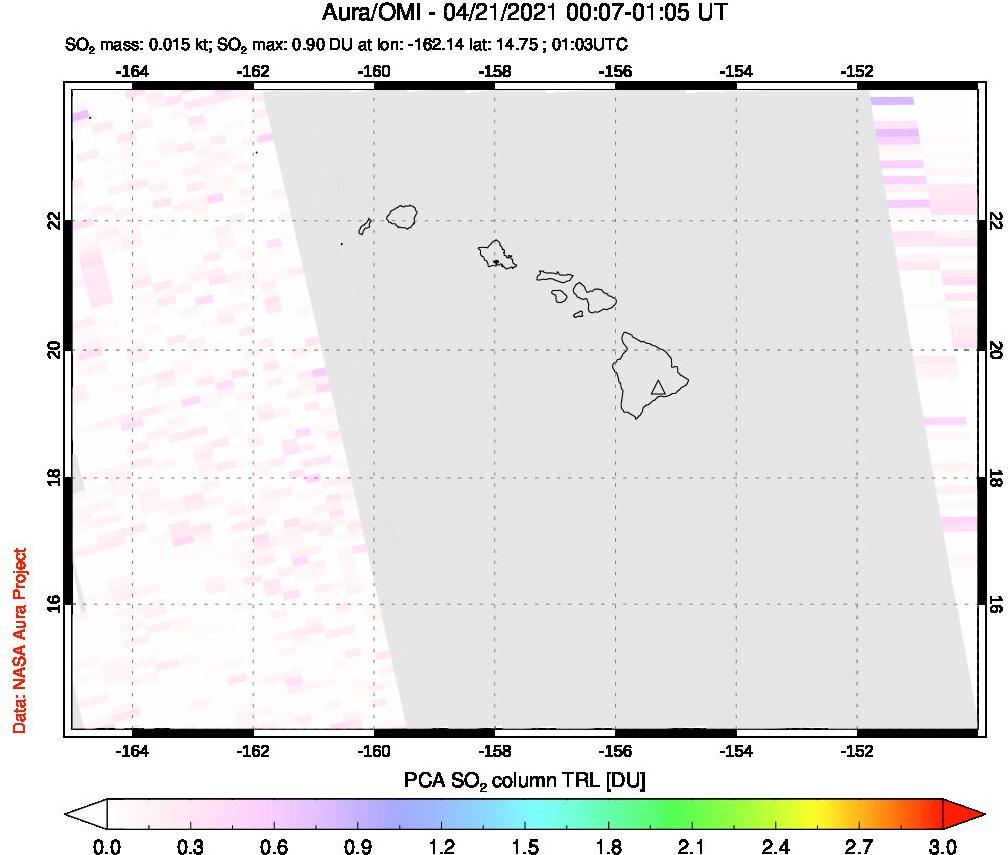 A sulfur dioxide image over Hawaii, USA on Apr 21, 2021.