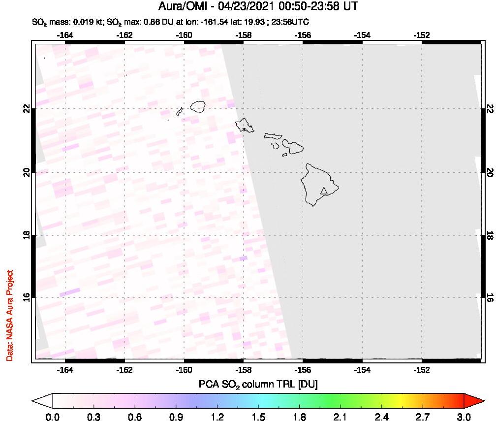 A sulfur dioxide image over Hawaii, USA on Apr 23, 2021.