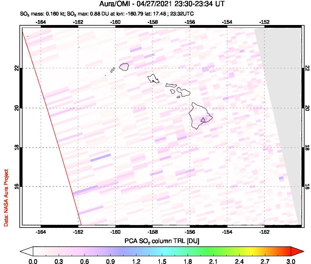 A sulfur dioxide image over Hawaii, USA on Apr 27, 2021.