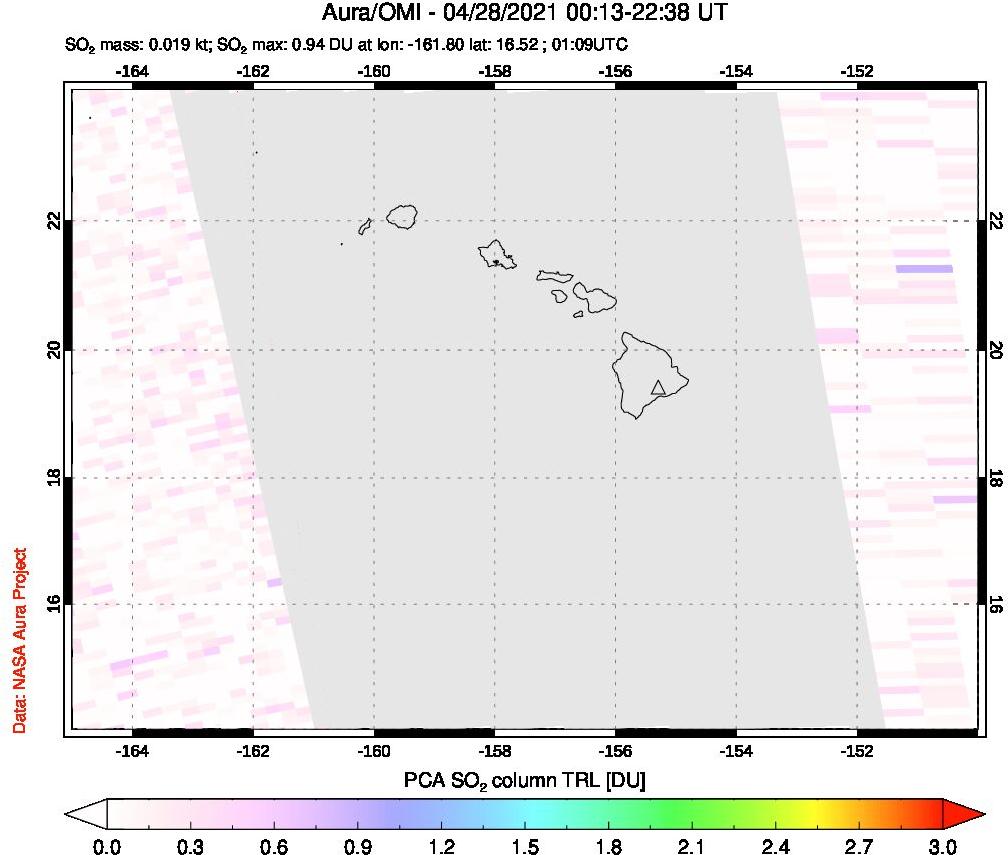 A sulfur dioxide image over Hawaii, USA on Apr 28, 2021.