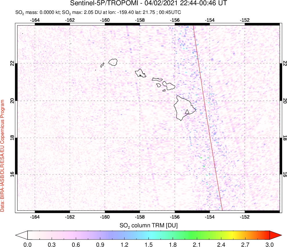 A sulfur dioxide image over Hawaii, USA on Apr 02, 2021.