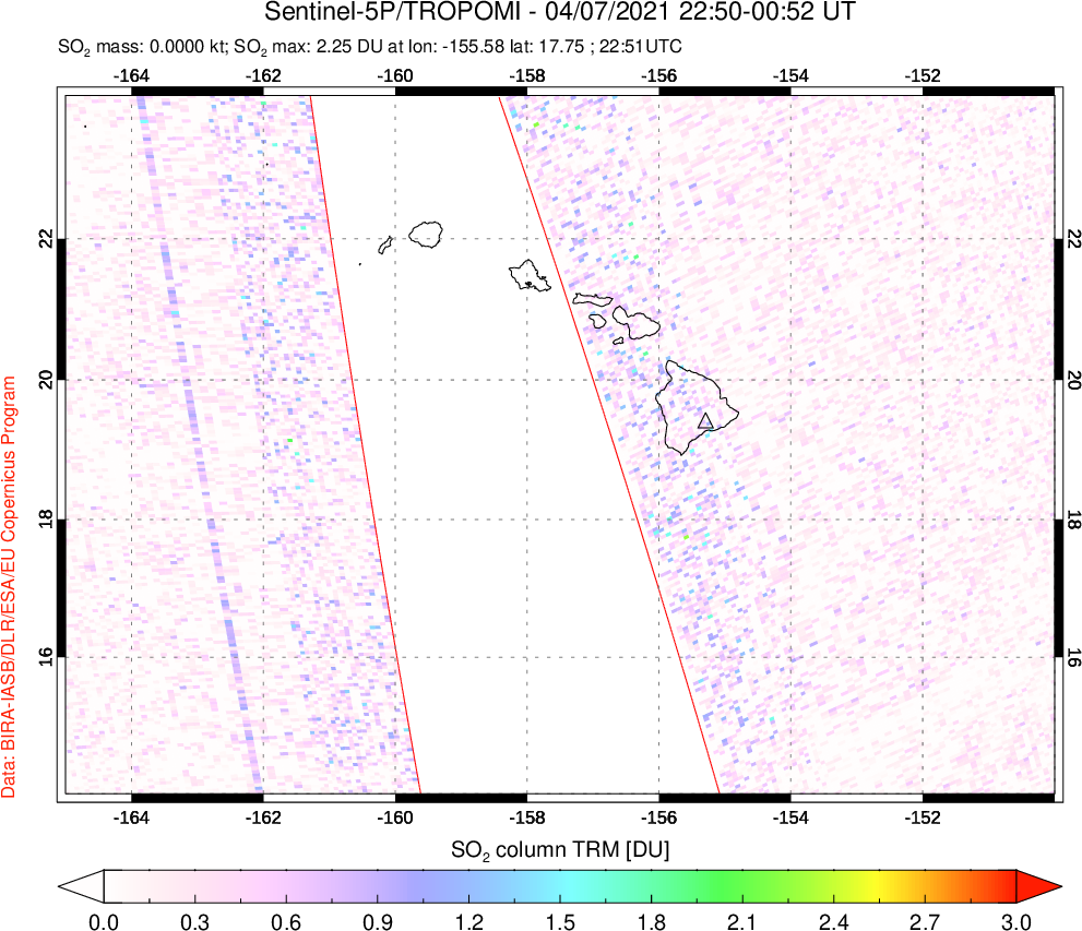 A sulfur dioxide image over Hawaii, USA on Apr 07, 2021.