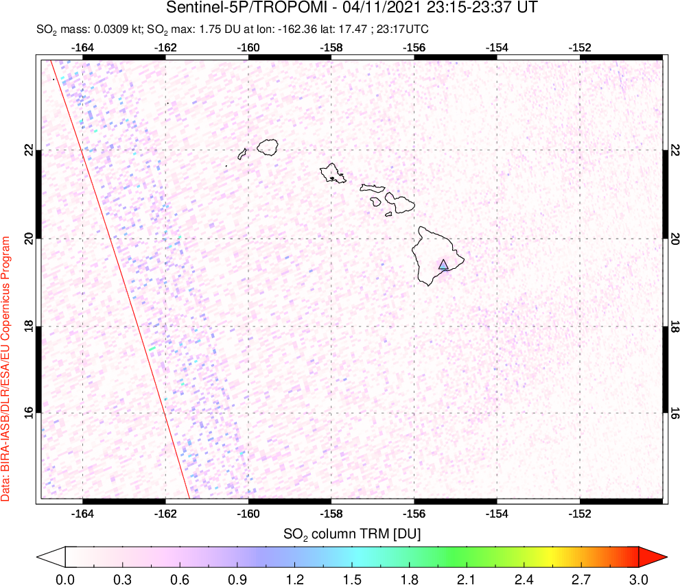 A sulfur dioxide image over Hawaii, USA on Apr 11, 2021.