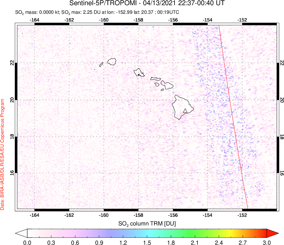 A sulfur dioxide image over Hawaii, USA on Apr 13, 2021.